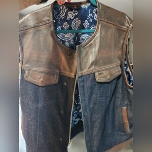 Men's Brown and Blue Denim Leather Vest